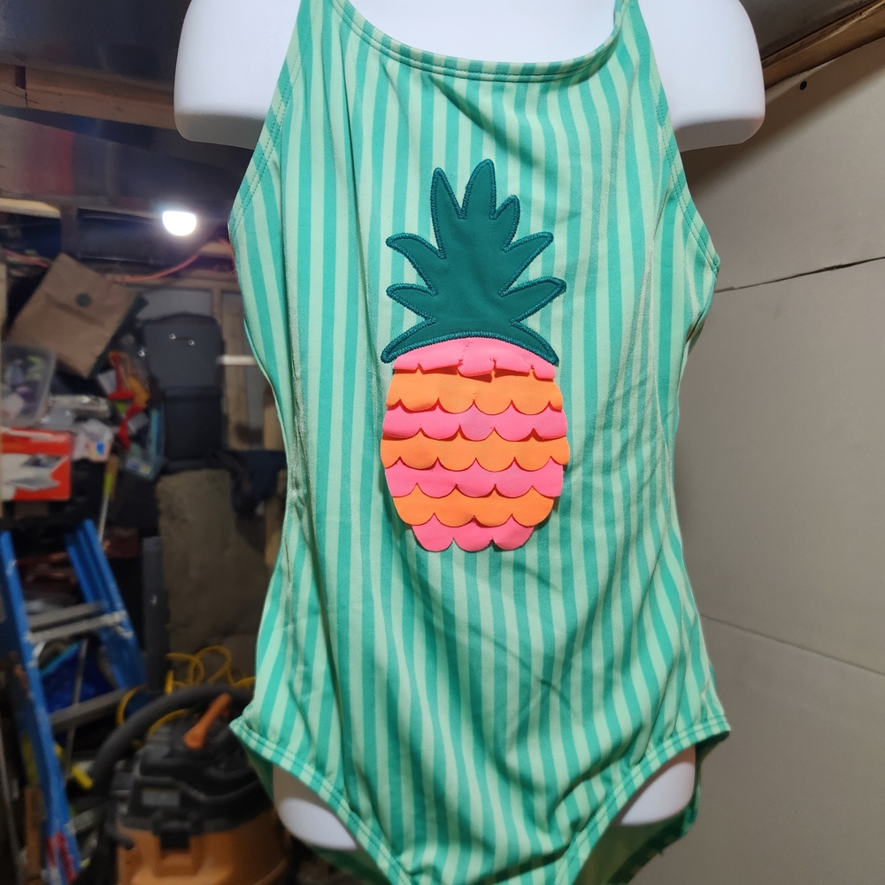 Cat & Jack Green Striped One-Piece Swimsuit with Pink & Orange Pineapple